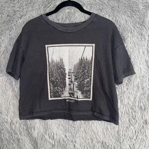 Aerie Graphic T Shirt Women XS TP Black Ski Lift Forest Print Cropped Tee